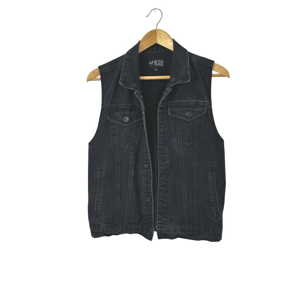 XXX Rude Trucker Biker Vest Jacket Cotton Black Denim Men's Med Distressed Flaws